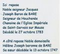 Traduction du texte de la pierre tombale, décès Jacques joseph de Baré et de sa sœur