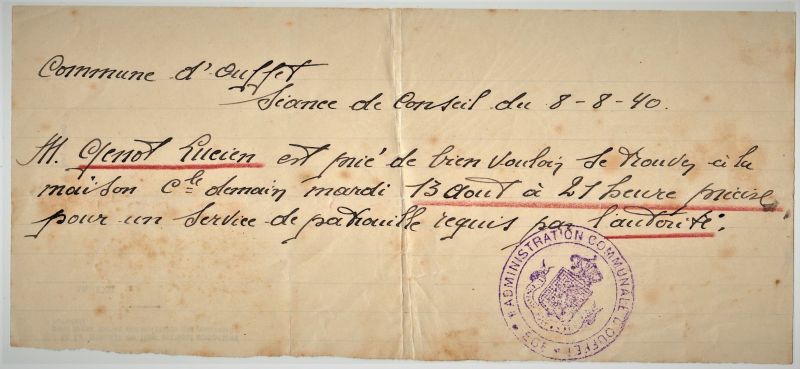 Fichier:Guerre 40-45 Convocation service de patrouille.jpg