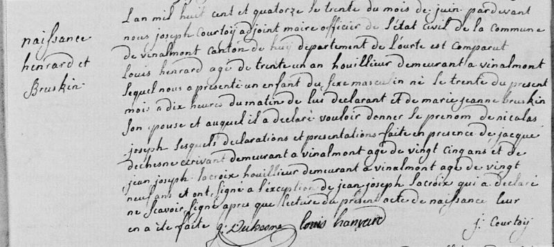 Fichier:Henrard Nicolas acte de naissance.jpg