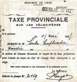Un reçu de la taxe provinciale sur les vélocipèdes, 1925.